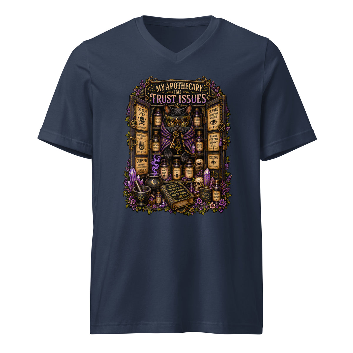 My Apothecary Has Trust Issues design, a masked black cat guarding a cabinet of labeled potions, on a navy unisex v-neck t-shirt, front view