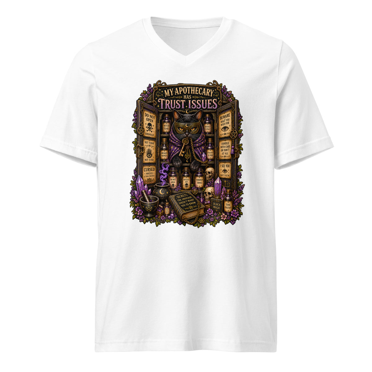 My Apothecary Has Trust Issues design, a masked black cat guarding a cabinet of labeled potions, on a white unisex v-neck t-shirt, front view