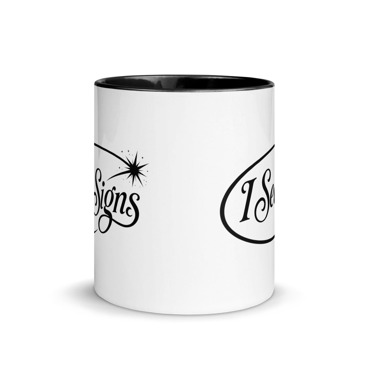 I See Signs design, the words set in black script inside a thin oval with a four-pointed star, on a black ceramic mug with color inside, 11 oz, front view