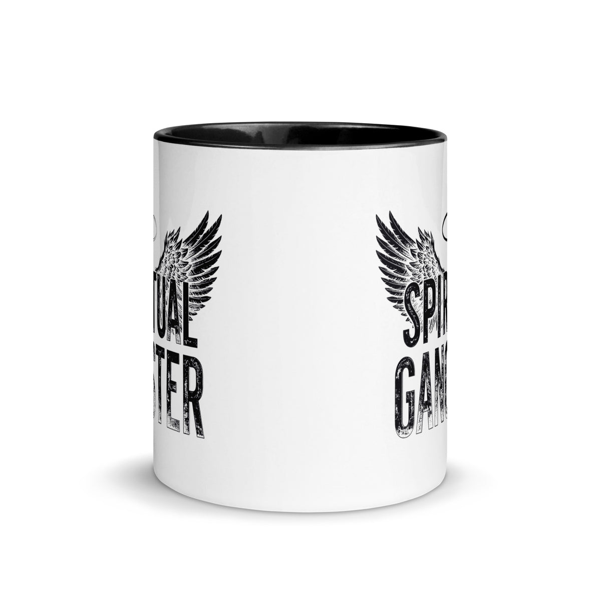 Spiritual Gangster design with angel wings and a halo, on a white ceramic mug with a black interior, 11 oz, front view