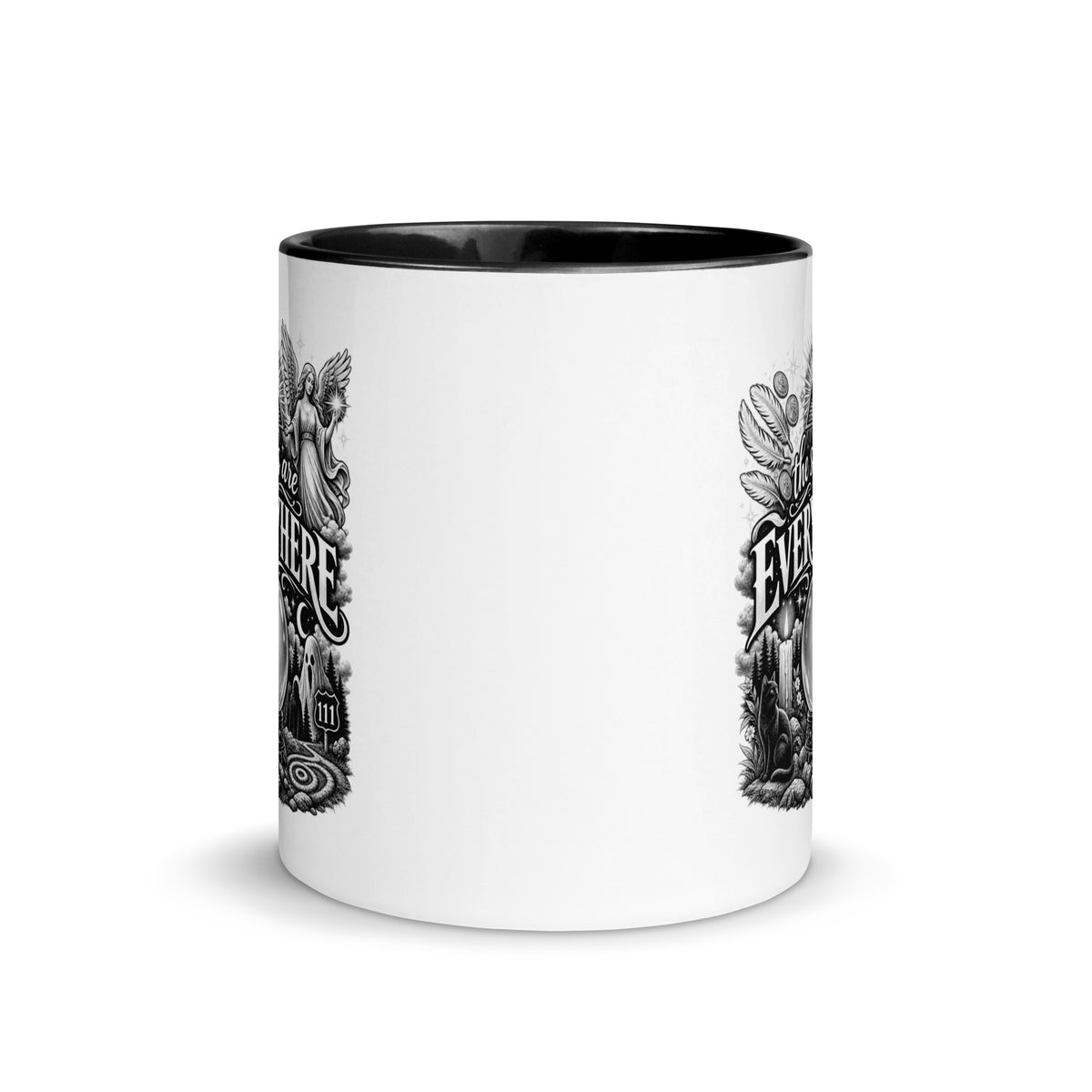 The Signs Are Everywhere design, an all-seeing eye, an angel, a crystal ball, a black cat and a 111 road sign, in black and white line art, on a black ceramic mug with color inside, 11 oz, front view