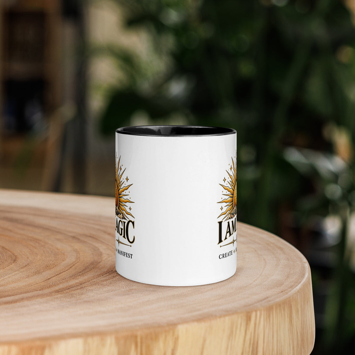 I Am Magic design with a gold sun face, Be Magical collection, on a white ceramic mug with a black interior, 11 oz, front view