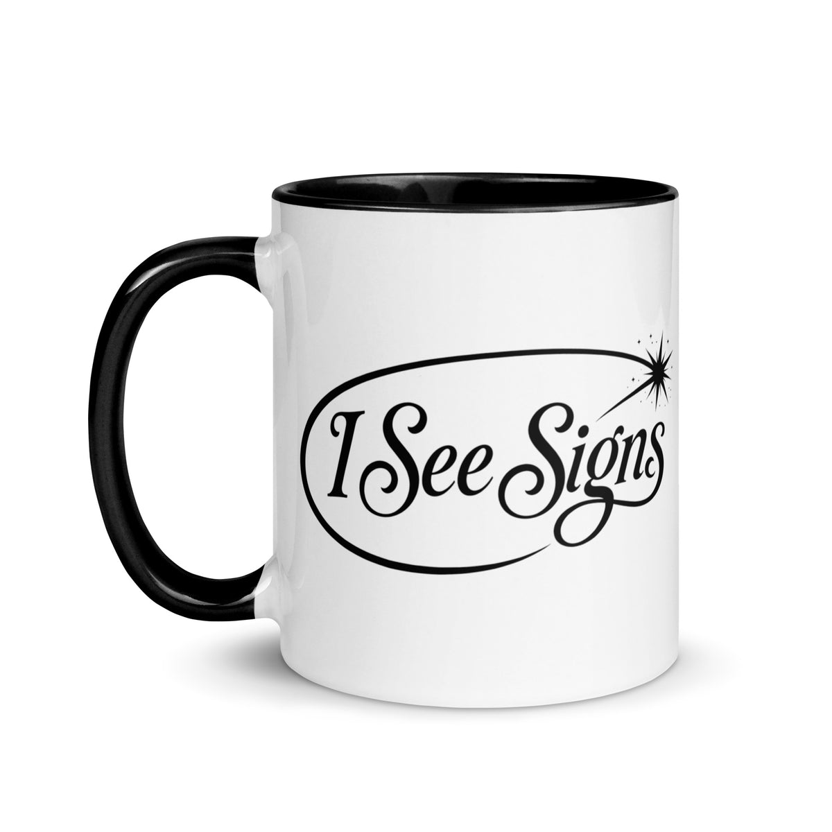 I See Signs design, the words set in black script inside a thin oval with a four-pointed star, on a white ceramic mug with a black interior, 11 oz, left side view