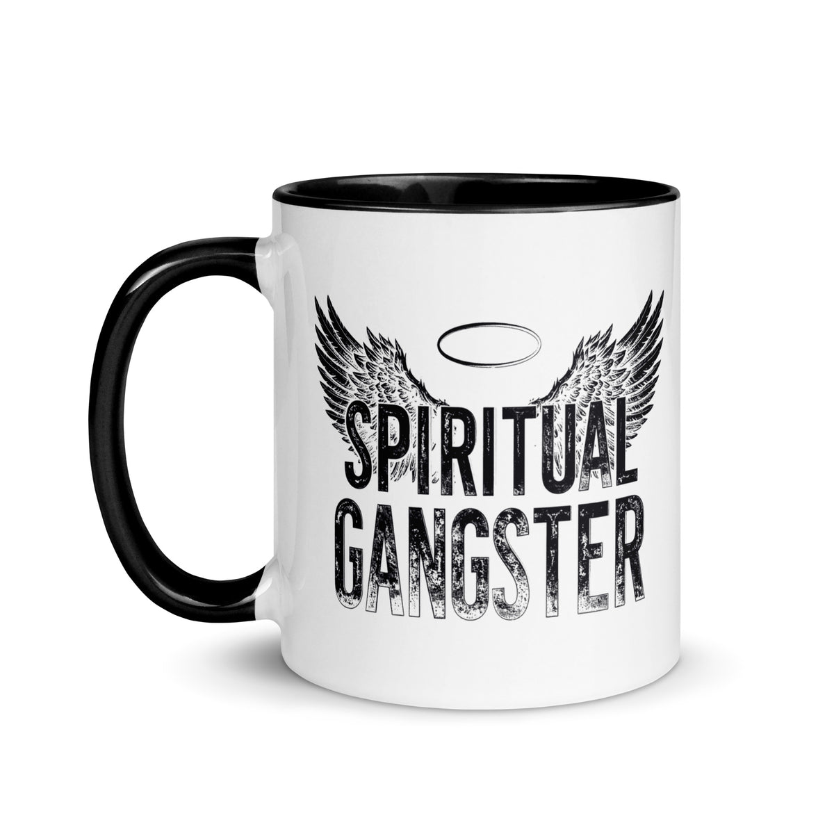 Spiritual Gangster design with angel wings and a halo, on a white ceramic mug with a black interior, 11 oz, left side view