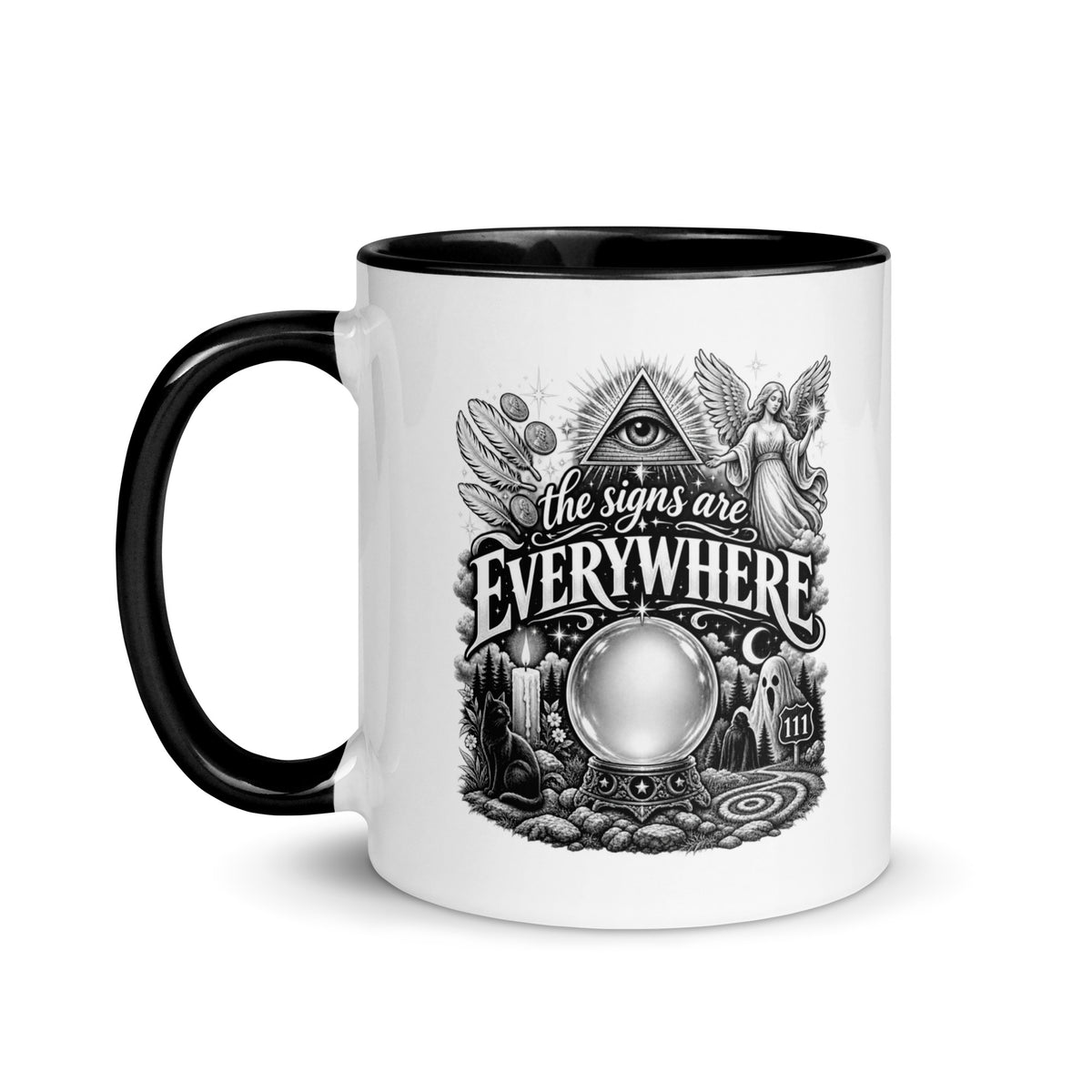 The Signs Are Everywhere design, an all-seeing eye, an angel, a crystal ball, a black cat and a 111 road sign, in black and white line art, on a black ceramic mug with color inside, 11 oz, left side view