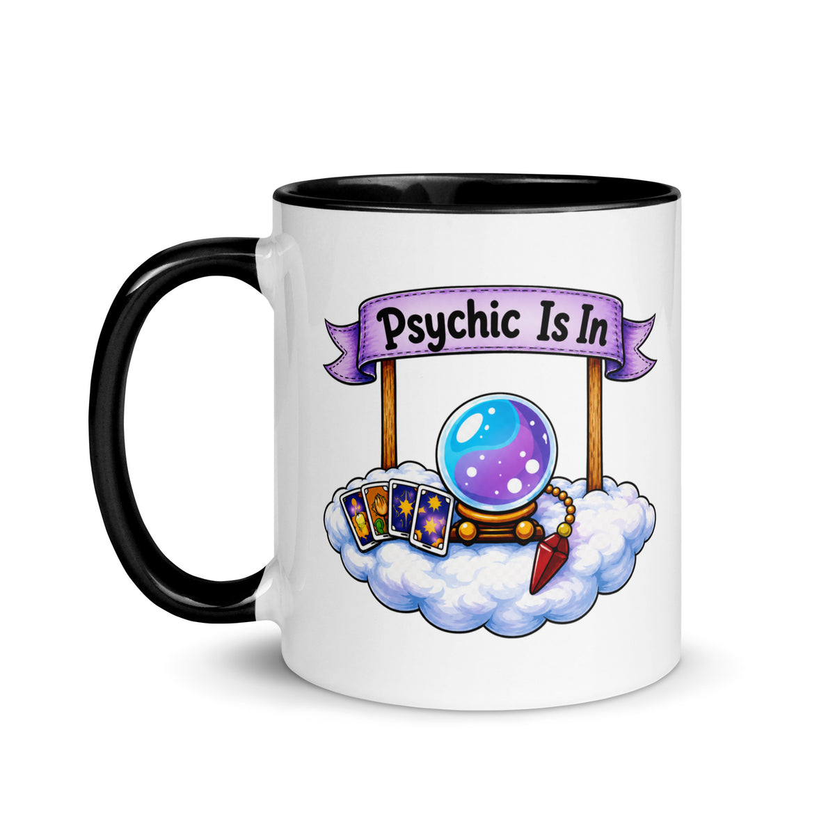 Psychic Is In design, playful floating clouds beneath a banner that reads Psychic Is Open for Business, on a white ceramic mug with a black interior, 11 oz, left side view