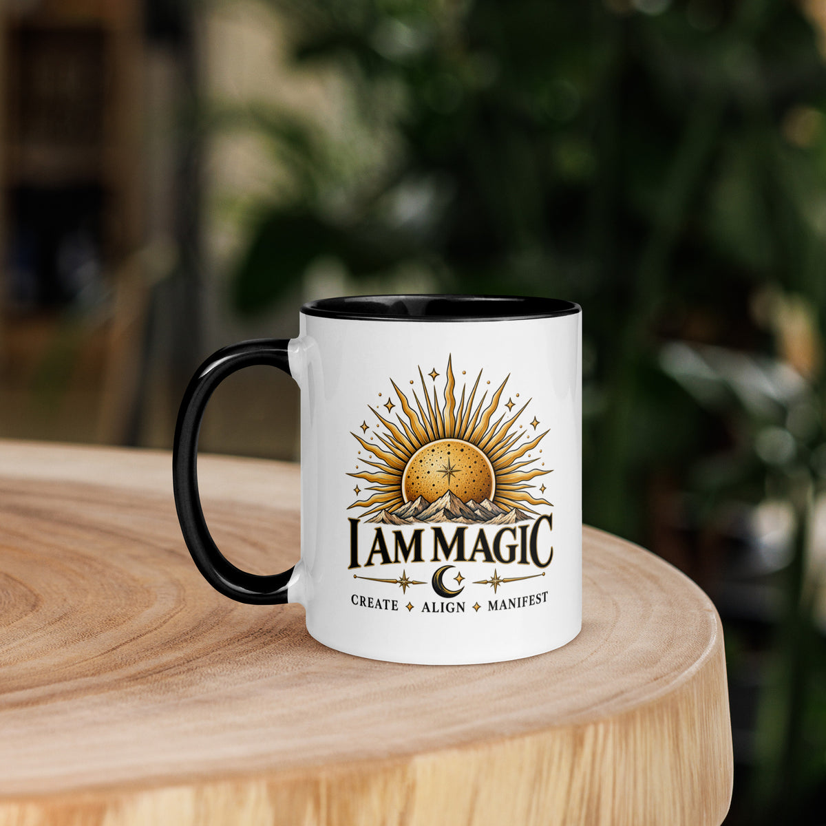 I Am Magic design with a gold sun face, Be Magical collection, on a white ceramic mug with a black interior, 11 oz, left side view