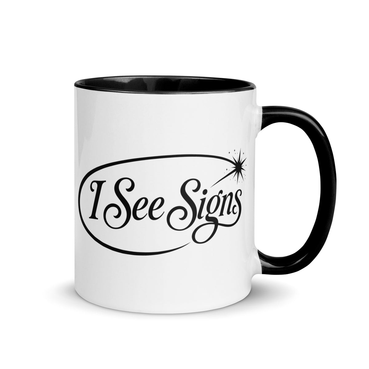 I See Signs design, the words set in black script inside a thin oval with a four-pointed star, on a white ceramic mug with a black interior, 11 oz, right side view
