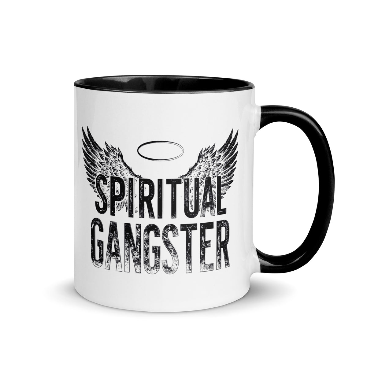 Spiritual Gangster design with angel wings and a halo, on a white ceramic mug with a black interior, 11 oz, right side view