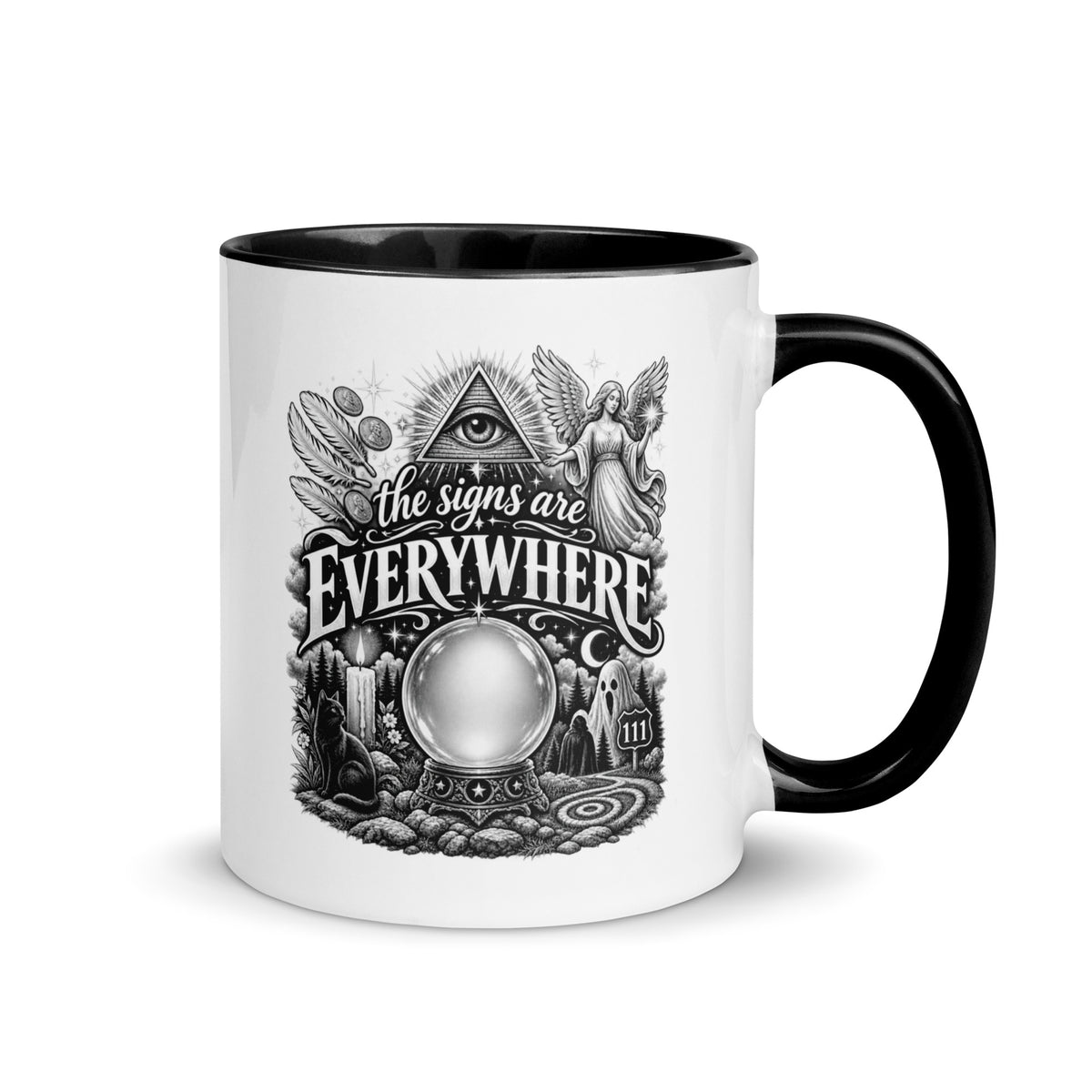 The Signs Are Everywhere design, an all-seeing eye, an angel, a crystal ball, a black cat and a 111 road sign, in black and white line art, on a black ceramic mug with color inside, 11 oz, right side view