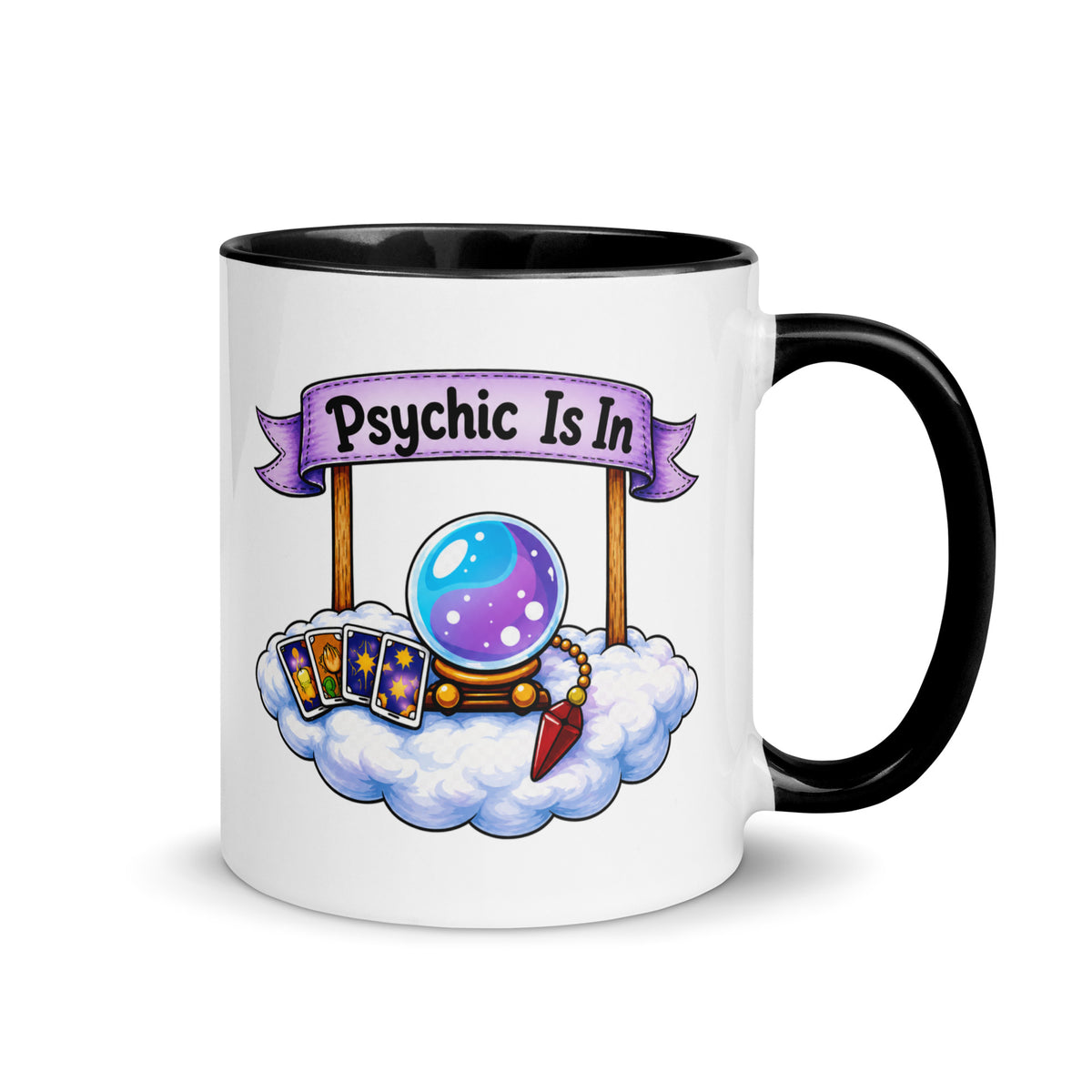 Psychic Is In design, playful floating clouds beneath a banner that reads Psychic Is Open for Business, on a white ceramic mug with a black interior, 11 oz, right side view