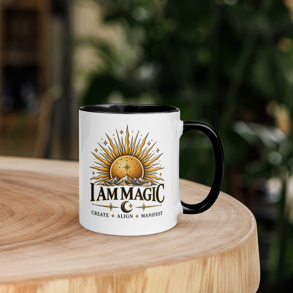 I Am Magic design with a gold sun face, Be Magical collection, on a white ceramic mug with a black interior, 11 oz, right side view