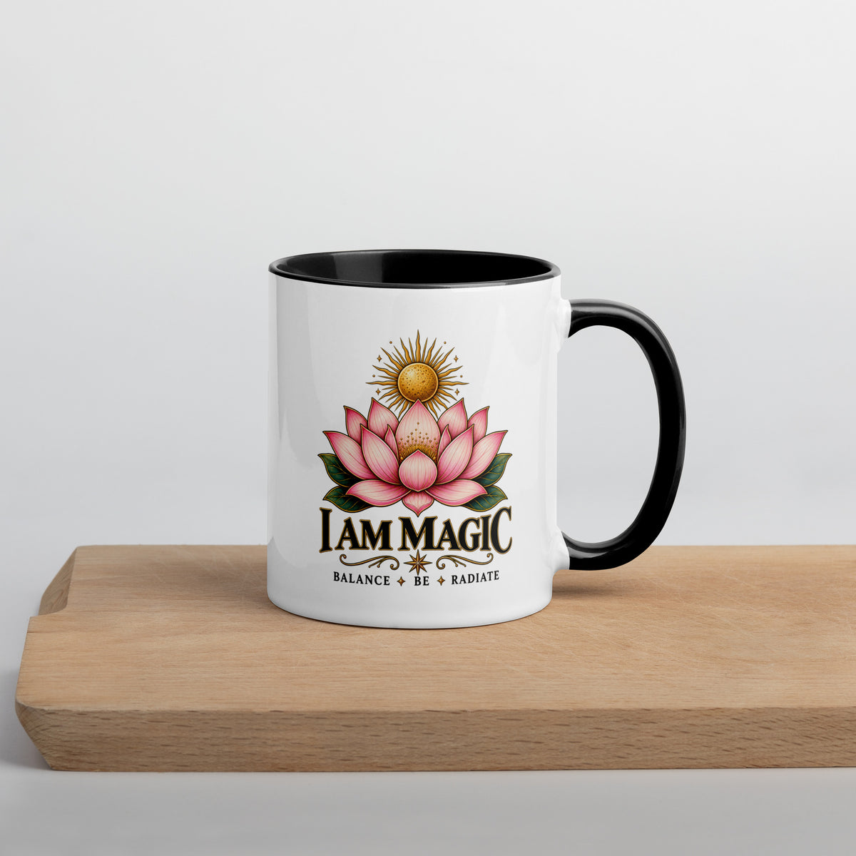I Am Magic design with a gold lotus, Be Magical collection, on a white ceramic mug with a black interior, 11 oz, right side view