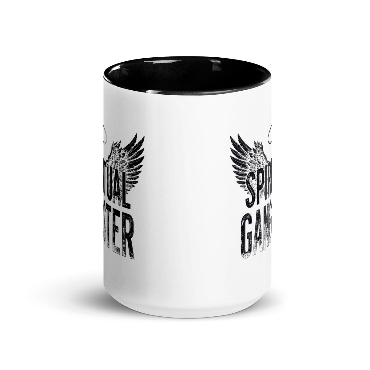 Spiritual Gangster design with angel wings and a halo, on a white ceramic mug with a black interior, 15 oz, front view