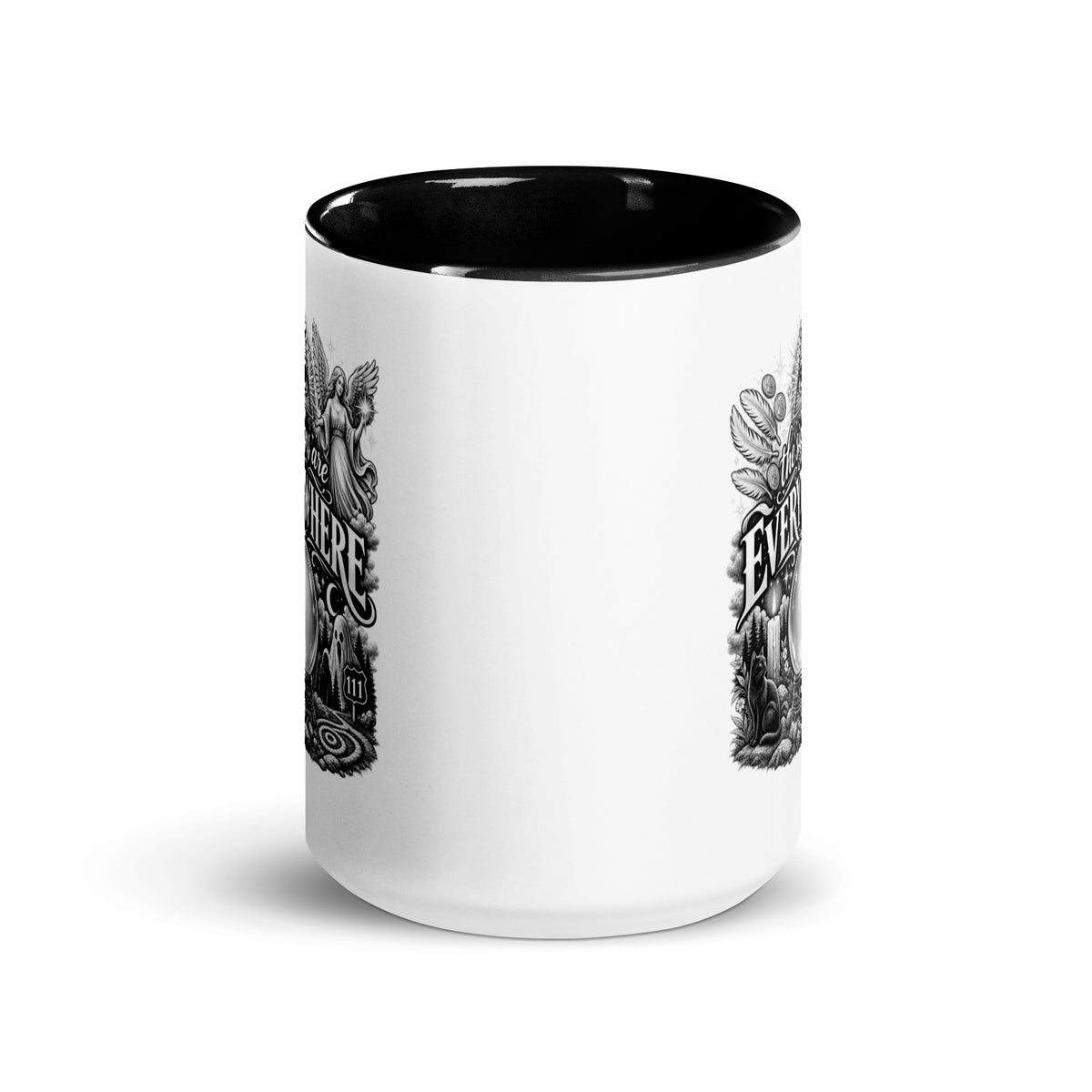 The Signs Are Everywhere design, an all-seeing eye, an angel, a crystal ball, a black cat and a 111 road sign, in black and white line art, on a black ceramic mug with color inside, 15 oz, front view