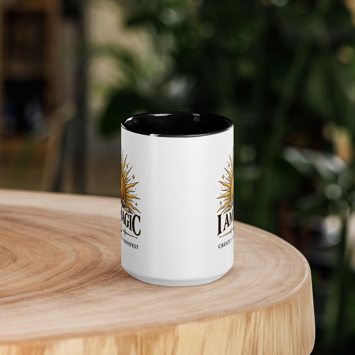 I Am Magic design with a gold sun face, Be Magical collection, on a white ceramic mug with a black interior, 15 oz, front view
