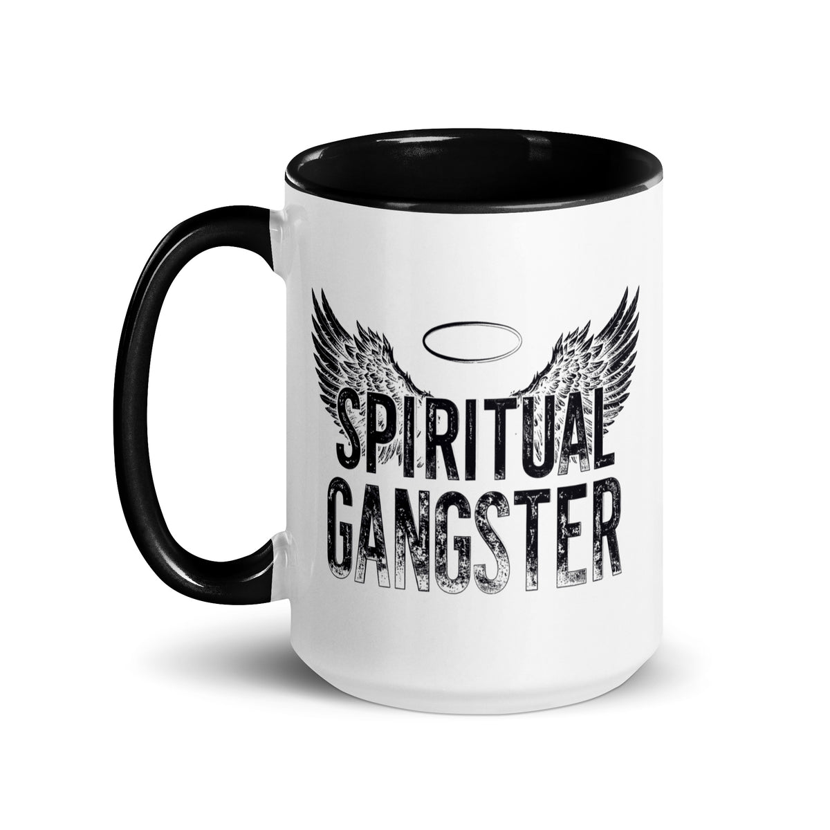 Spiritual Gangster design with angel wings and a halo, on a white ceramic mug with a black interior, 15 oz, left side view