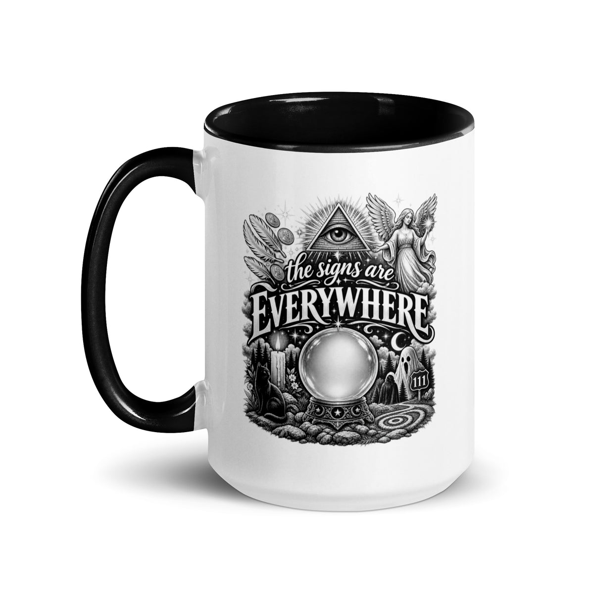 The Signs Are Everywhere design, an all-seeing eye, an angel, a crystal ball, a black cat and a 111 road sign, in black and white line art, on a black ceramic mug with color inside, 15 oz, left side view