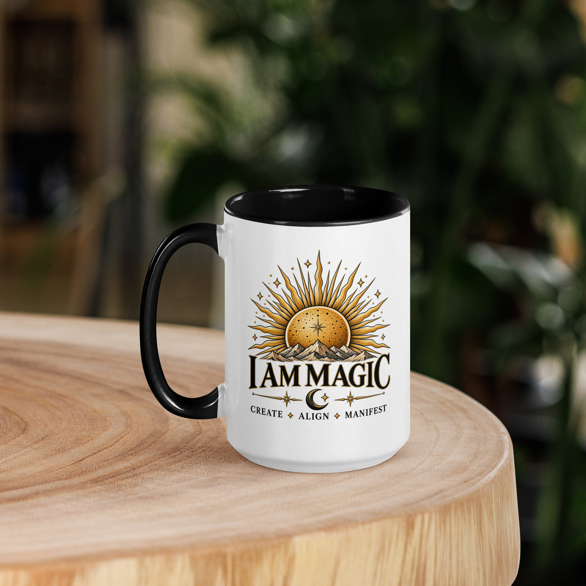 I Am Magic design with a gold sun face, Be Magical collection, on a white ceramic mug with a black interior, 15 oz, left side view
