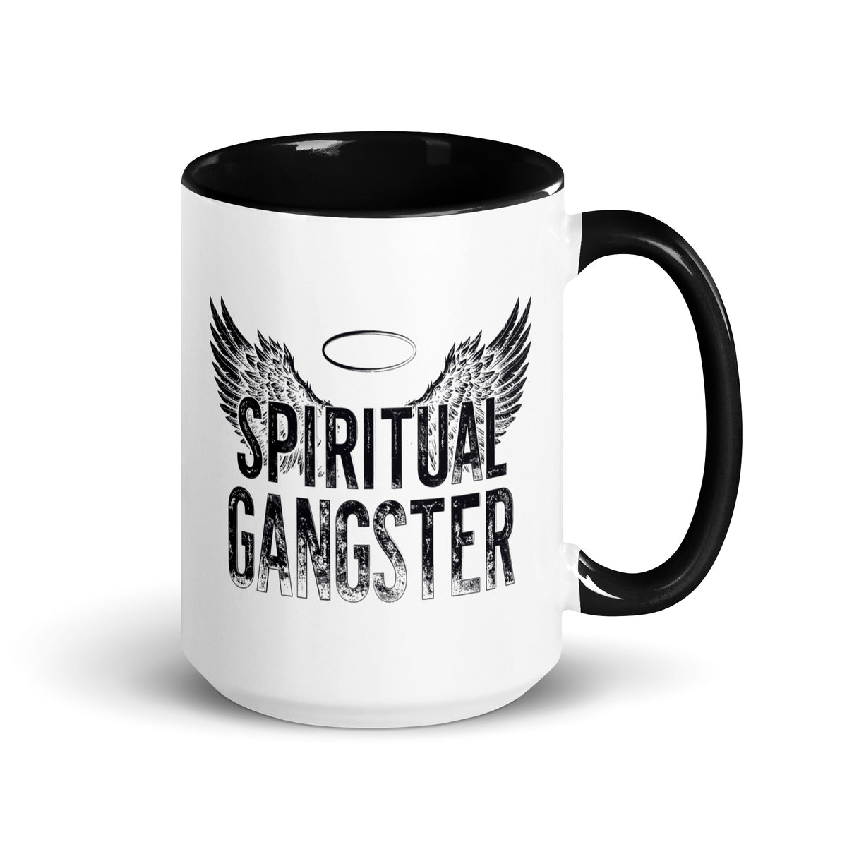 Spiritual Gangster design with angel wings and a halo, on a white ceramic mug with a black interior, 15 oz, right side view