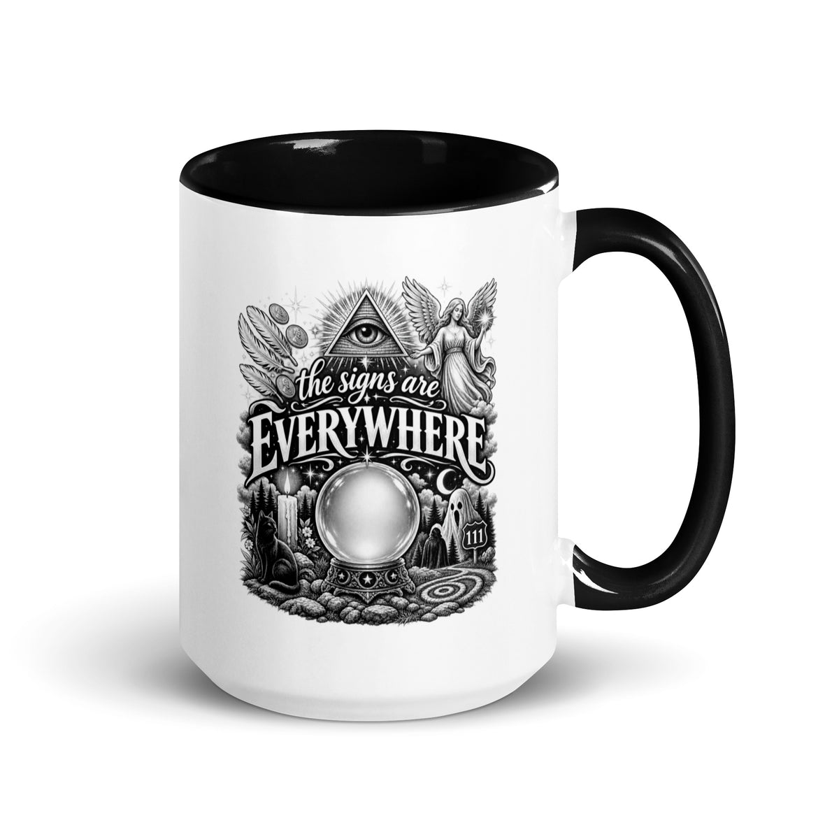 The Signs Are Everywhere design, an all-seeing eye, an angel, a crystal ball, a black cat and a 111 road sign, in black and white line art, on a black ceramic mug with color inside, 15 oz, right side view