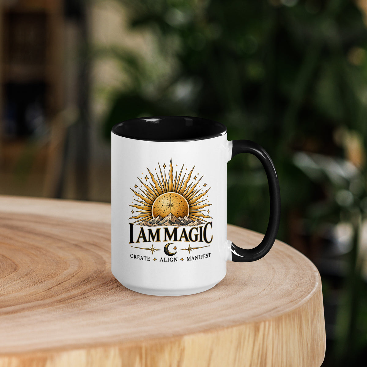 I Am Magic design with a gold sun face, Be Magical collection, on a white ceramic mug with a black interior, 15 oz, right side view
