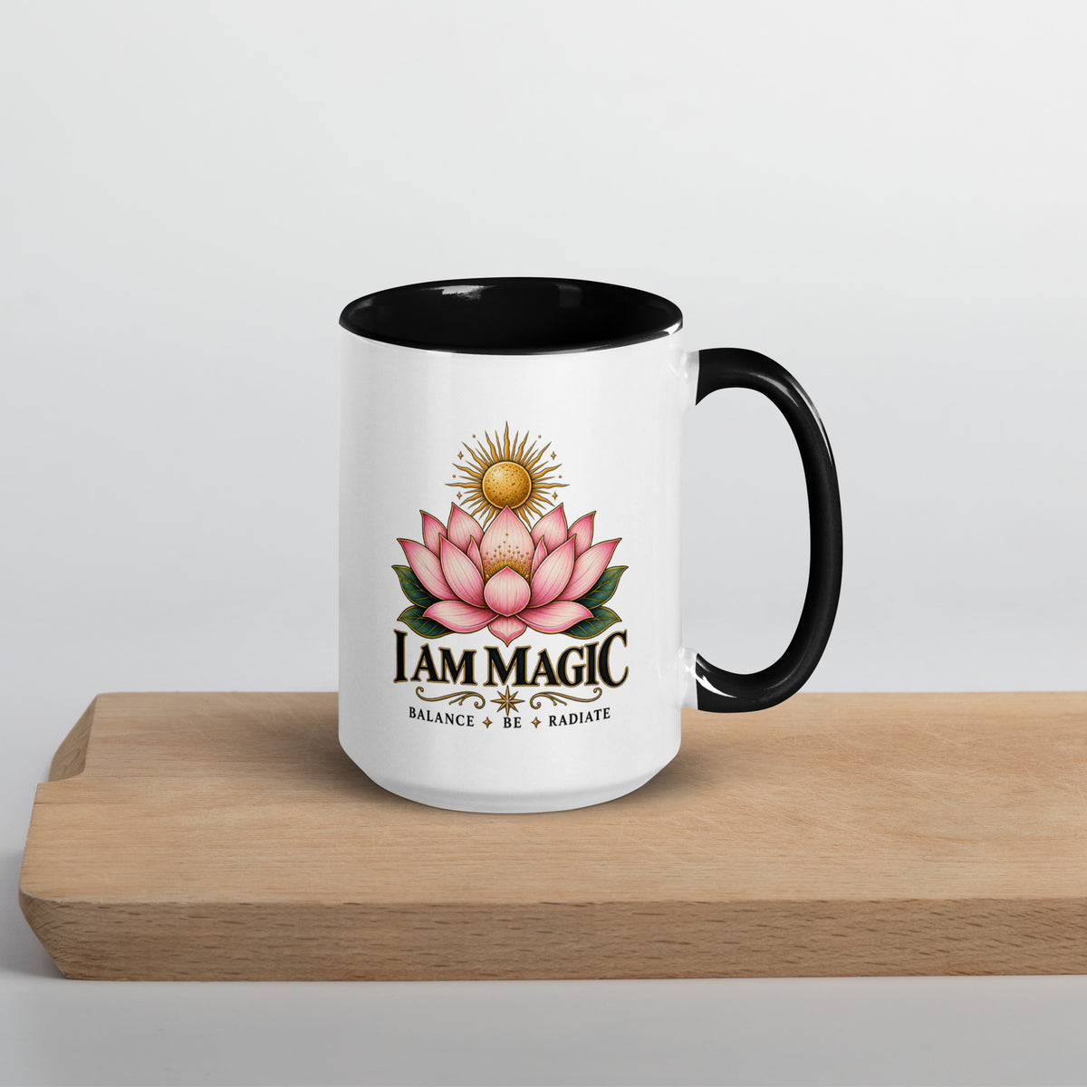 I Am Magic design with a gold lotus, Be Magical collection, on a white ceramic mug with a black interior, 15 oz, right side view