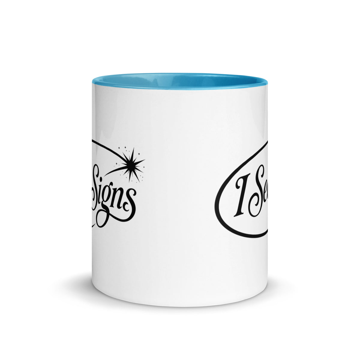 I See Signs design, the words set in black script inside a thin oval with a four-pointed star, on a blue ceramic mug with color inside, 11 oz, front view