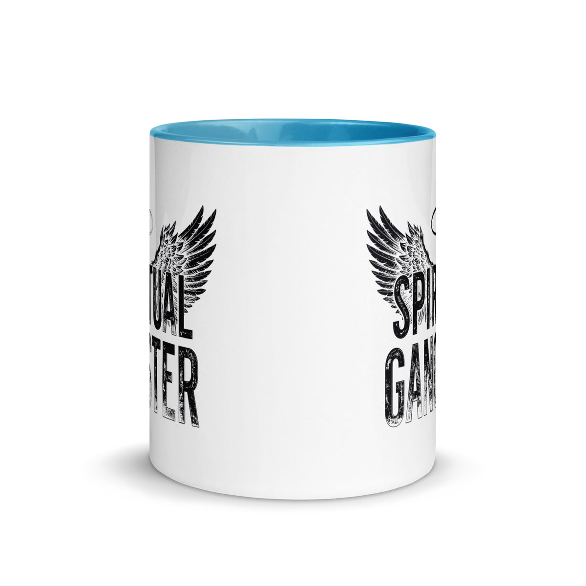 Spiritual Gangster design with angel wings and a halo, on a white ceramic mug with a blue interior, 11 oz, front view