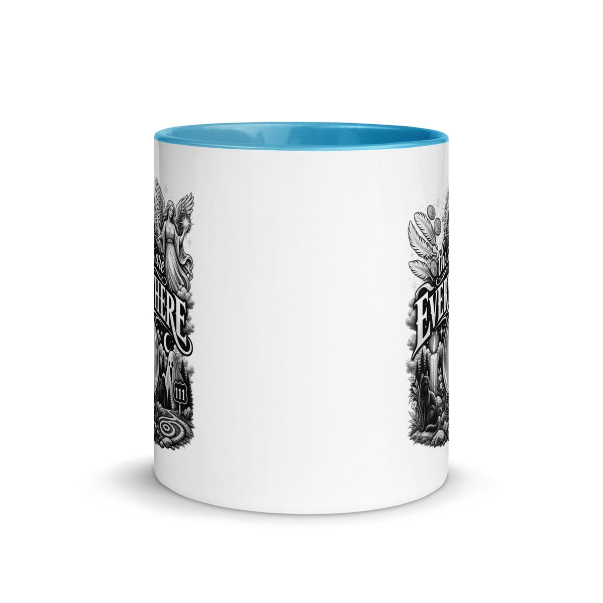 The Signs Are Everywhere design, an all-seeing eye, an angel, a crystal ball, a black cat and a 111 road sign, in black and white line art, on a blue ceramic mug with color inside, 11 oz, front view