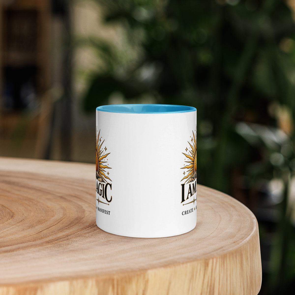 I Am Magic design with a gold sun face, Be Magical collection, on a white ceramic mug with a blue interior, 11 oz, front view