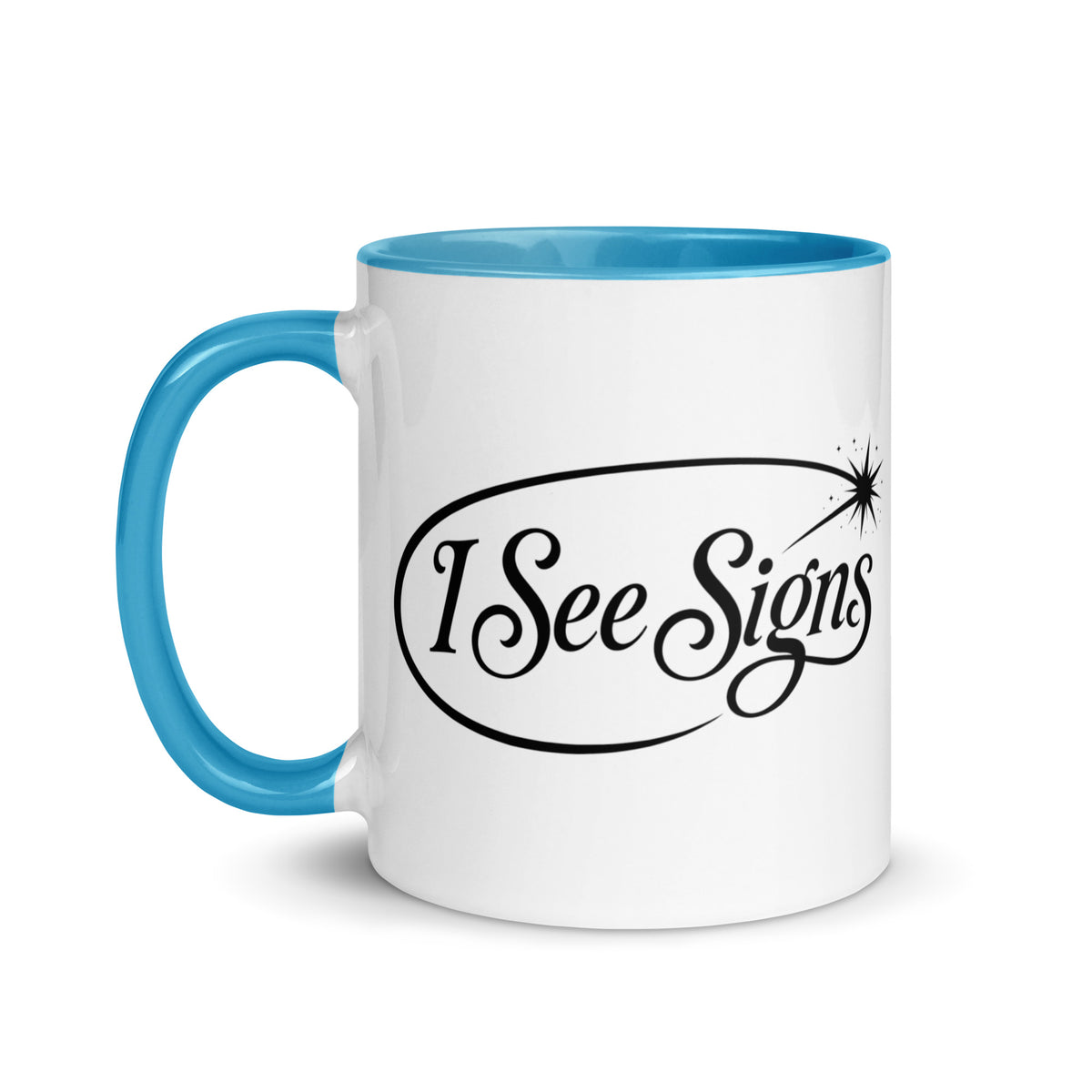I See Signs design, the words set in black script inside a thin oval with a four-pointed star, on a blue ceramic mug with color inside, 11 oz, left side view
