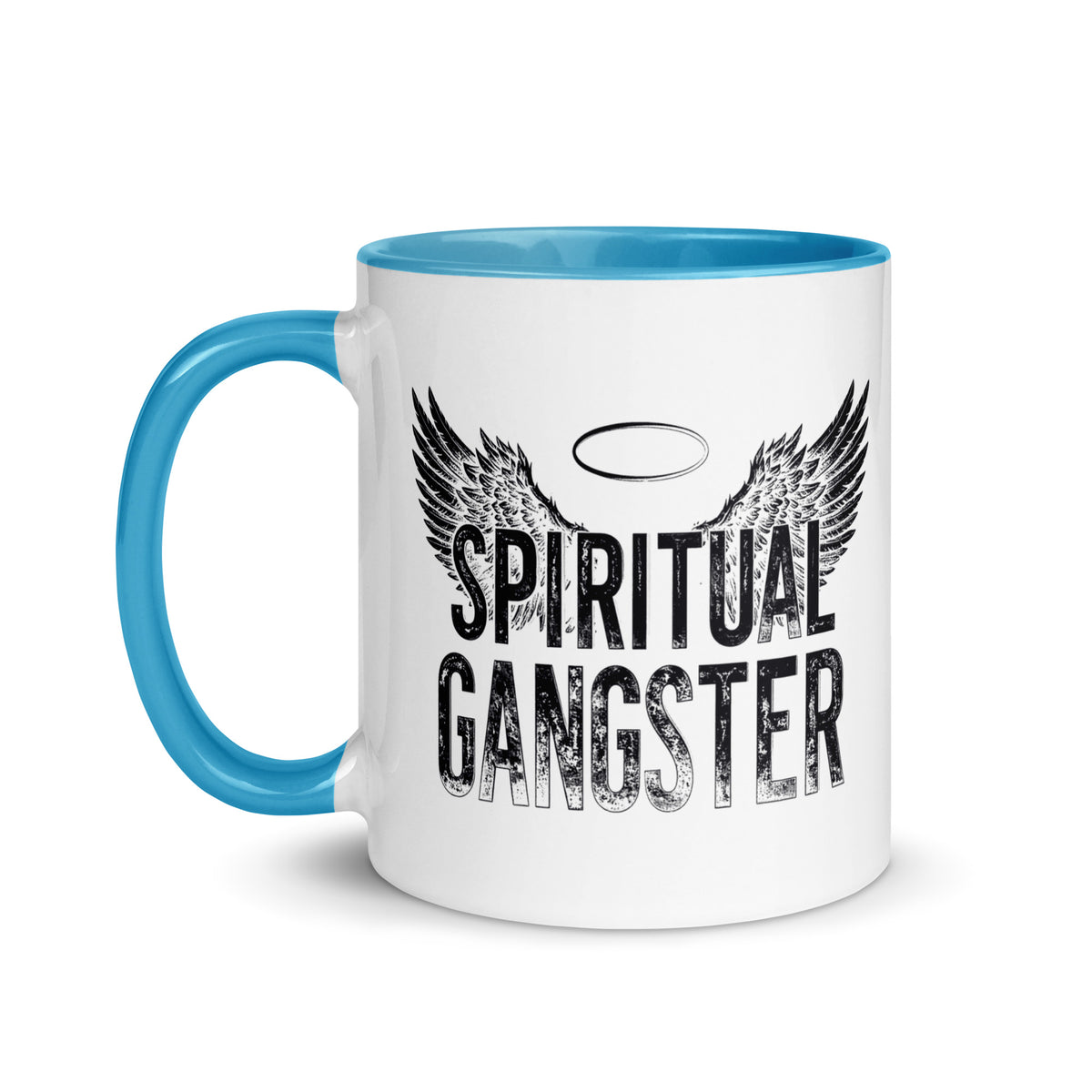 Spiritual Gangster design with angel wings and a halo, on a white ceramic mug with a blue interior, 11 oz, left side view