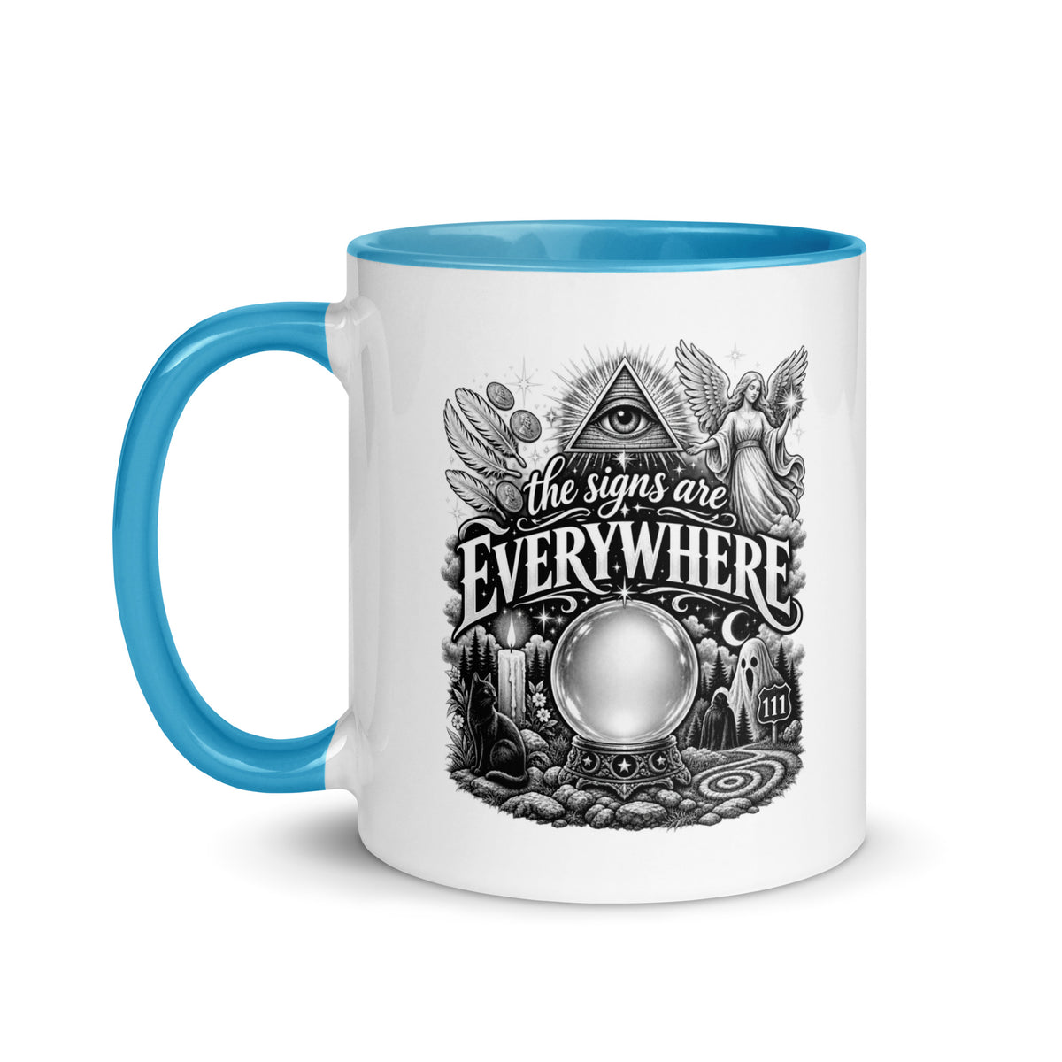 The Signs Are Everywhere design, an all-seeing eye, an angel, a crystal ball, a black cat and a 111 road sign, in black and white line art, on a blue ceramic mug with color inside, 11 oz, left side view