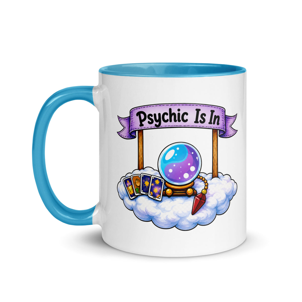 Psychic Is In design, playful floating clouds beneath a banner that reads Psychic Is Open for Business, on a white ceramic mug with a blue interior, 11 oz, left side view