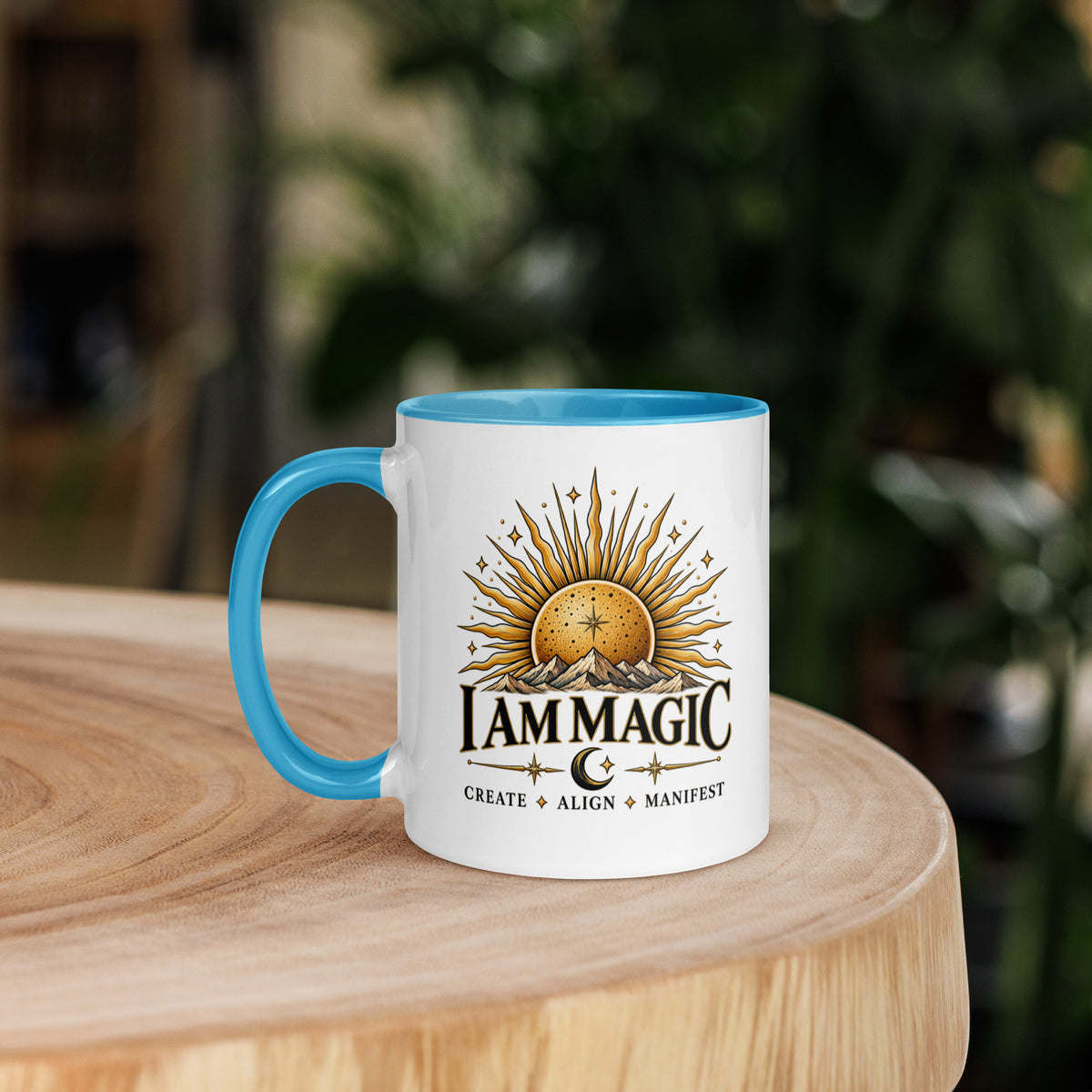 I Am Magic design with a gold sun face, Be Magical collection, on a white ceramic mug with a blue interior, 11 oz, left side view