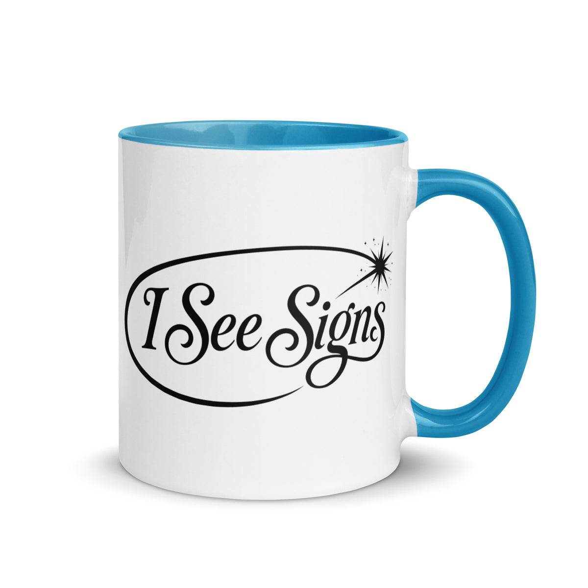 I See Signs design, the words set in black script inside a thin oval with a four-pointed star, on a blue ceramic mug with color inside, 11 oz, right side view