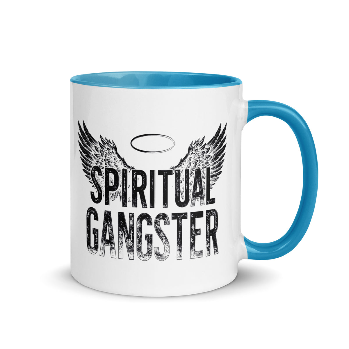 Spiritual Gangster design with angel wings and a halo, on a white ceramic mug with a blue interior, 11 oz, right side view