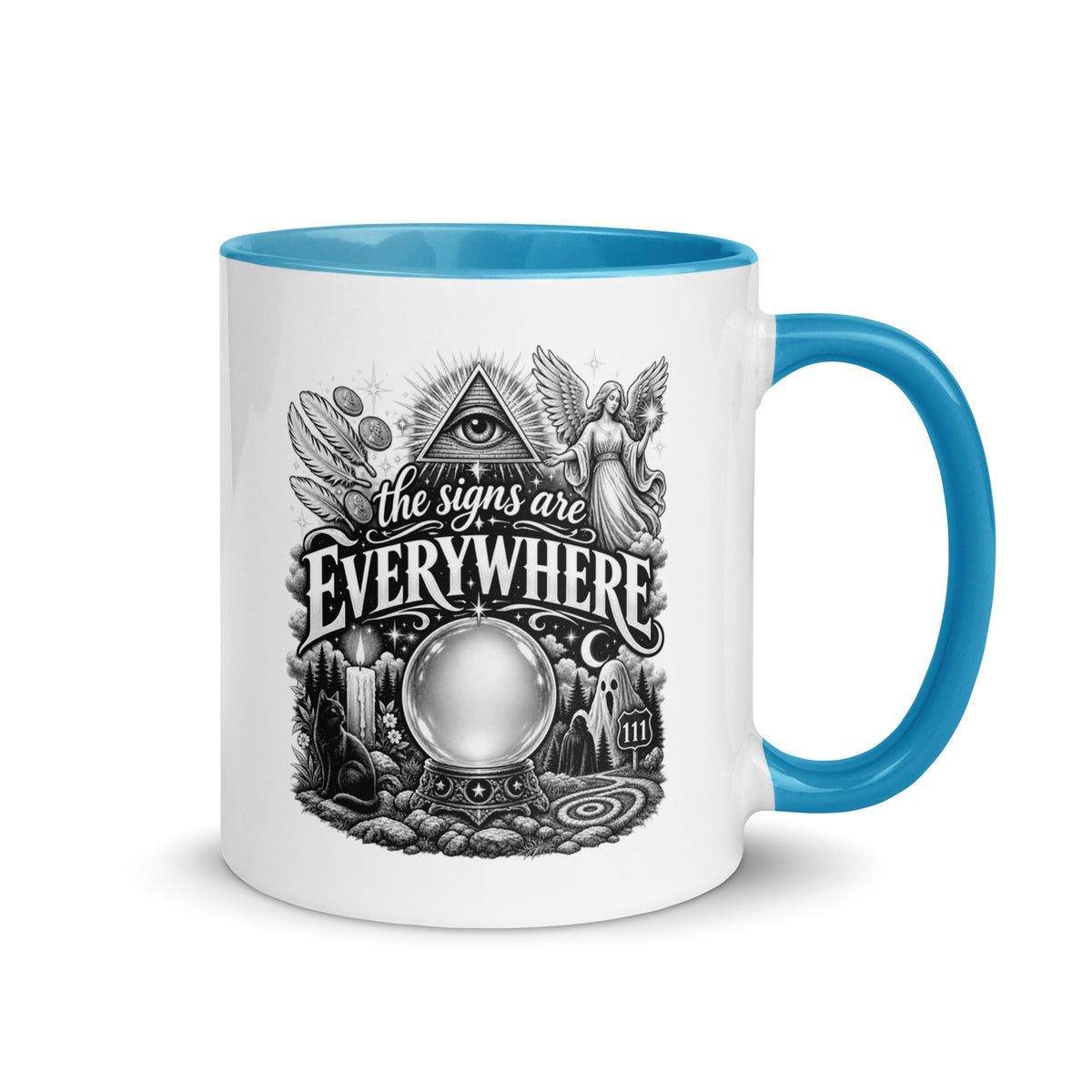 The Signs Are Everywhere design, an all-seeing eye, an angel, a crystal ball, a black cat and a 111 road sign, in black and white line art, on a blue ceramic mug with color inside, 11 oz, right side view