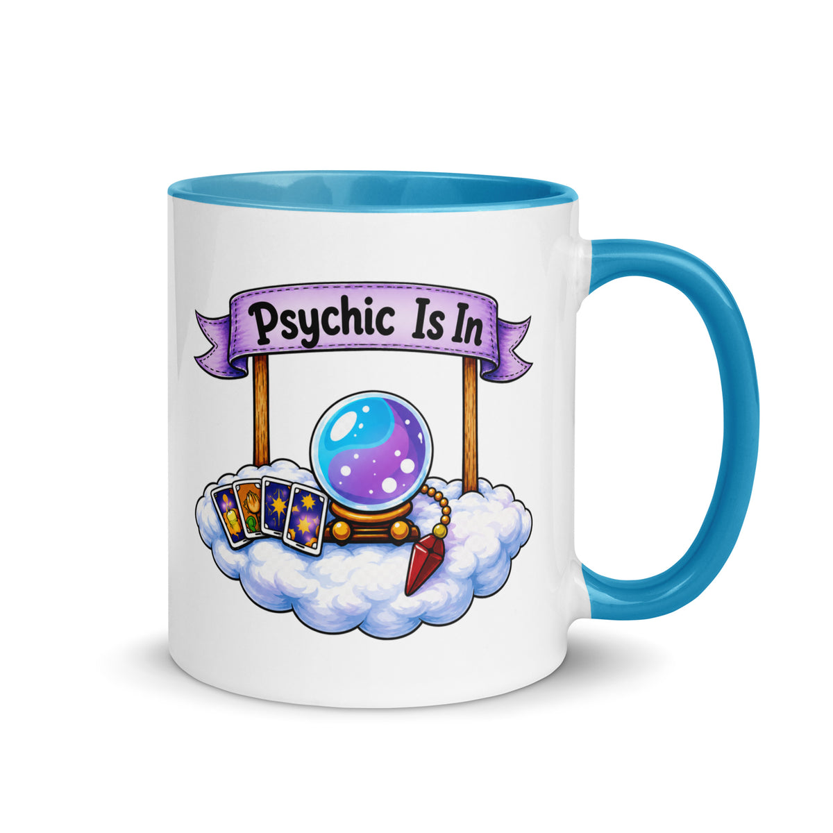 Psychic Is In design, playful floating clouds beneath a banner that reads Psychic Is Open for Business, on a white ceramic mug with a blue interior, 11 oz, right side view