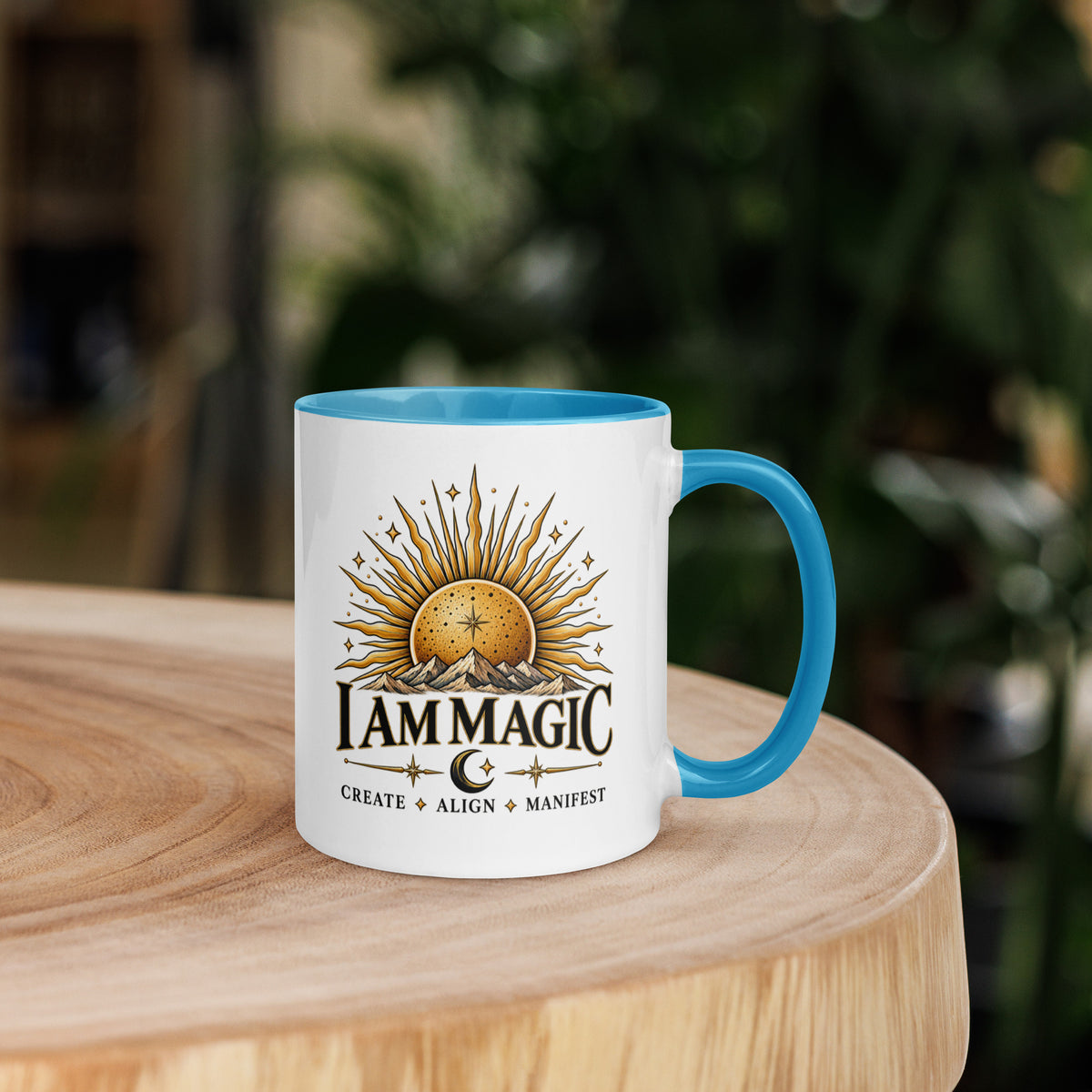 I Am Magic design with a gold sun face, Be Magical collection, on a white ceramic mug with a blue interior, 11 oz, right side view