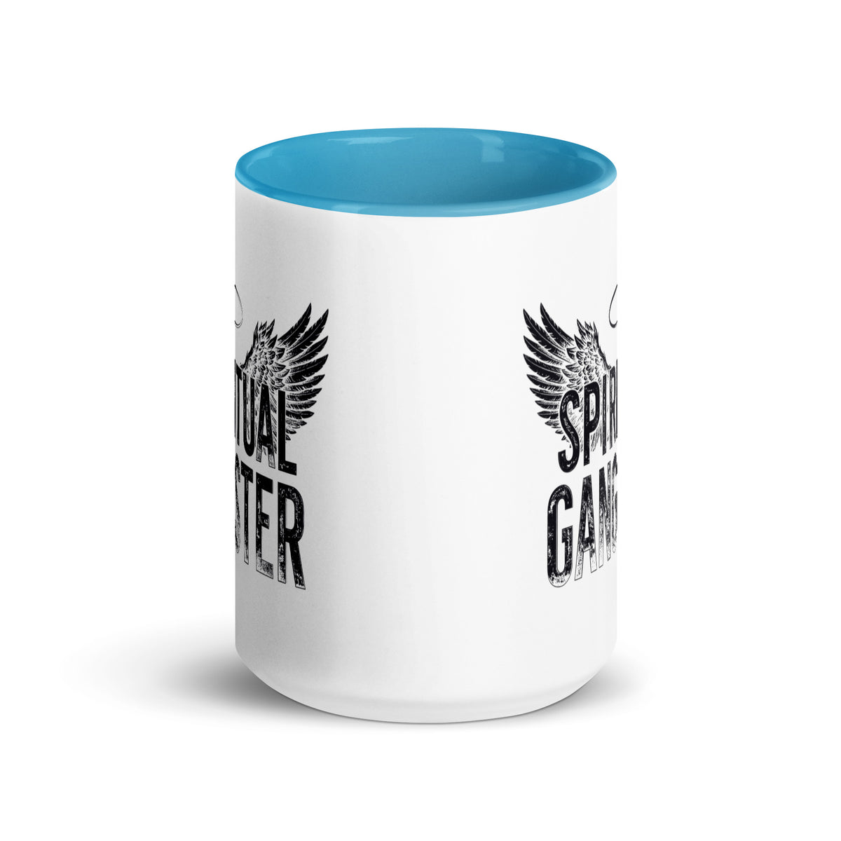 Spiritual Gangster design with angel wings and a halo, on a white ceramic mug with a blue interior, 15 oz, front view