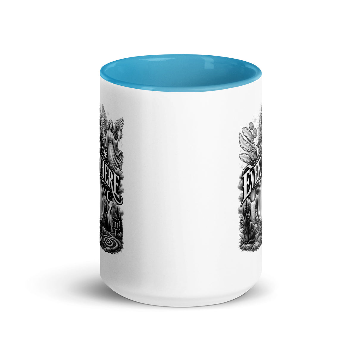 The Signs Are Everywhere design, an all-seeing eye, an angel, a crystal ball, a black cat and a 111 road sign, in black and white line art, on a blue ceramic mug with color inside, 15 oz, front view