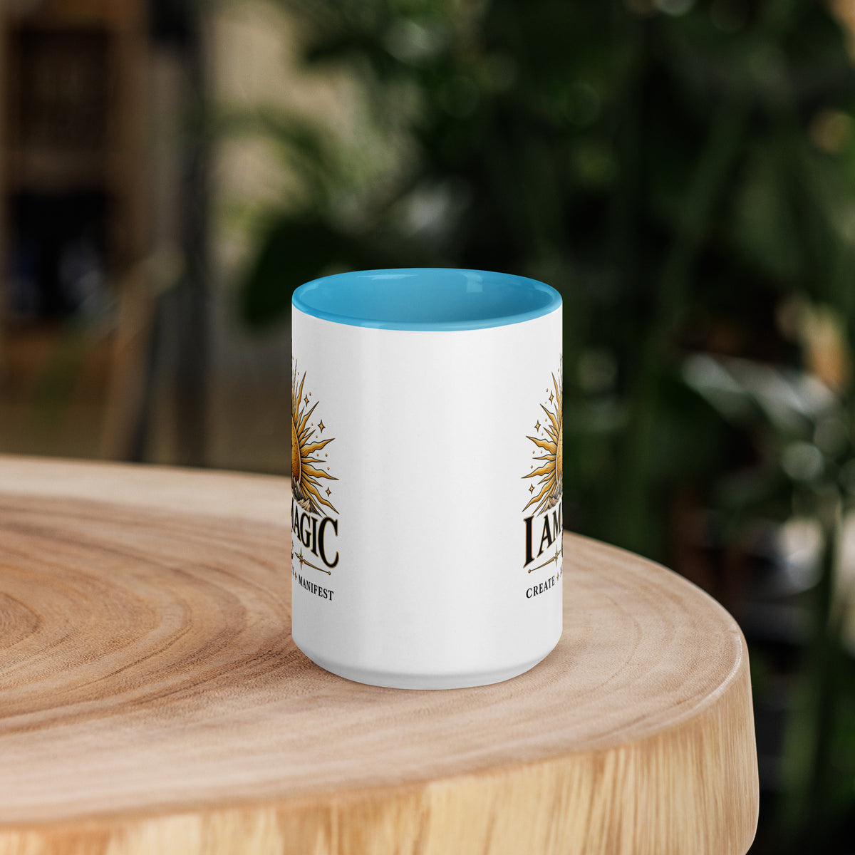 I Am Magic design with a gold sun face, Be Magical collection, on a white ceramic mug with a blue interior, 15 oz, front view