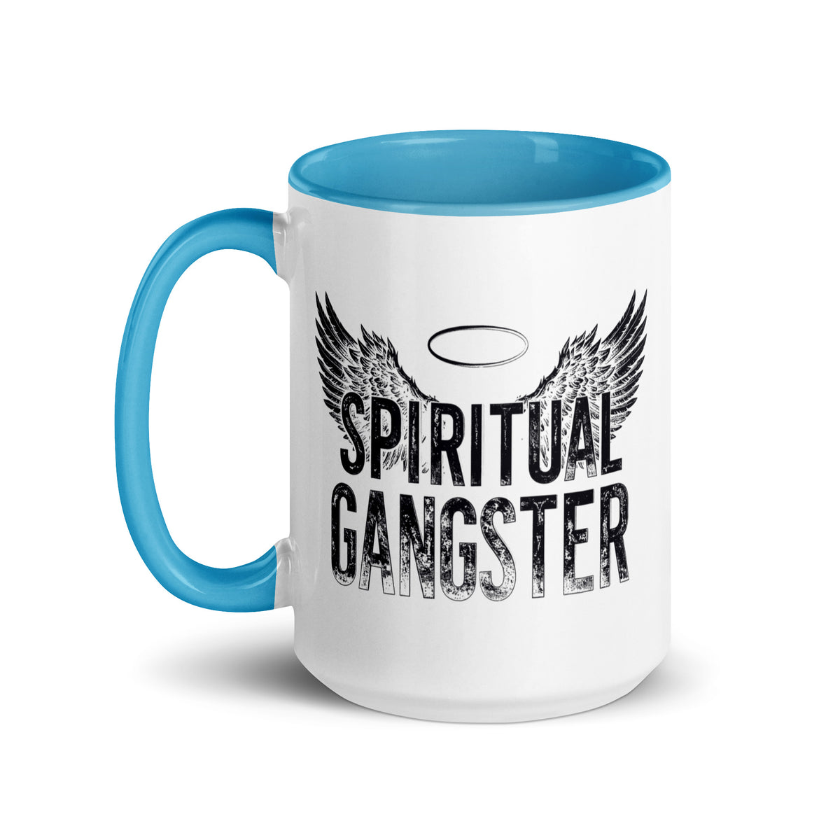 Spiritual Gangster design with angel wings and a halo, on a white ceramic mug with a blue interior, 15 oz, left side view