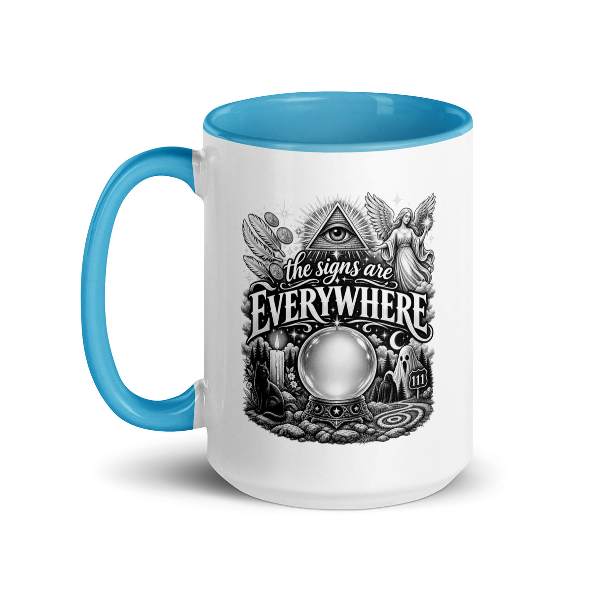 The Signs Are Everywhere design, an all-seeing eye, an angel, a crystal ball, a black cat and a 111 road sign, in black and white line art, on a blue ceramic mug with color inside, 15 oz, left side view