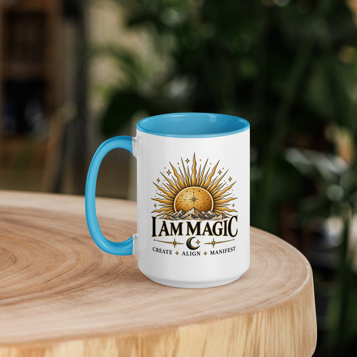 I Am Magic design with a gold sun face, Be Magical collection, on a white ceramic mug with a blue interior, 15 oz, left side view