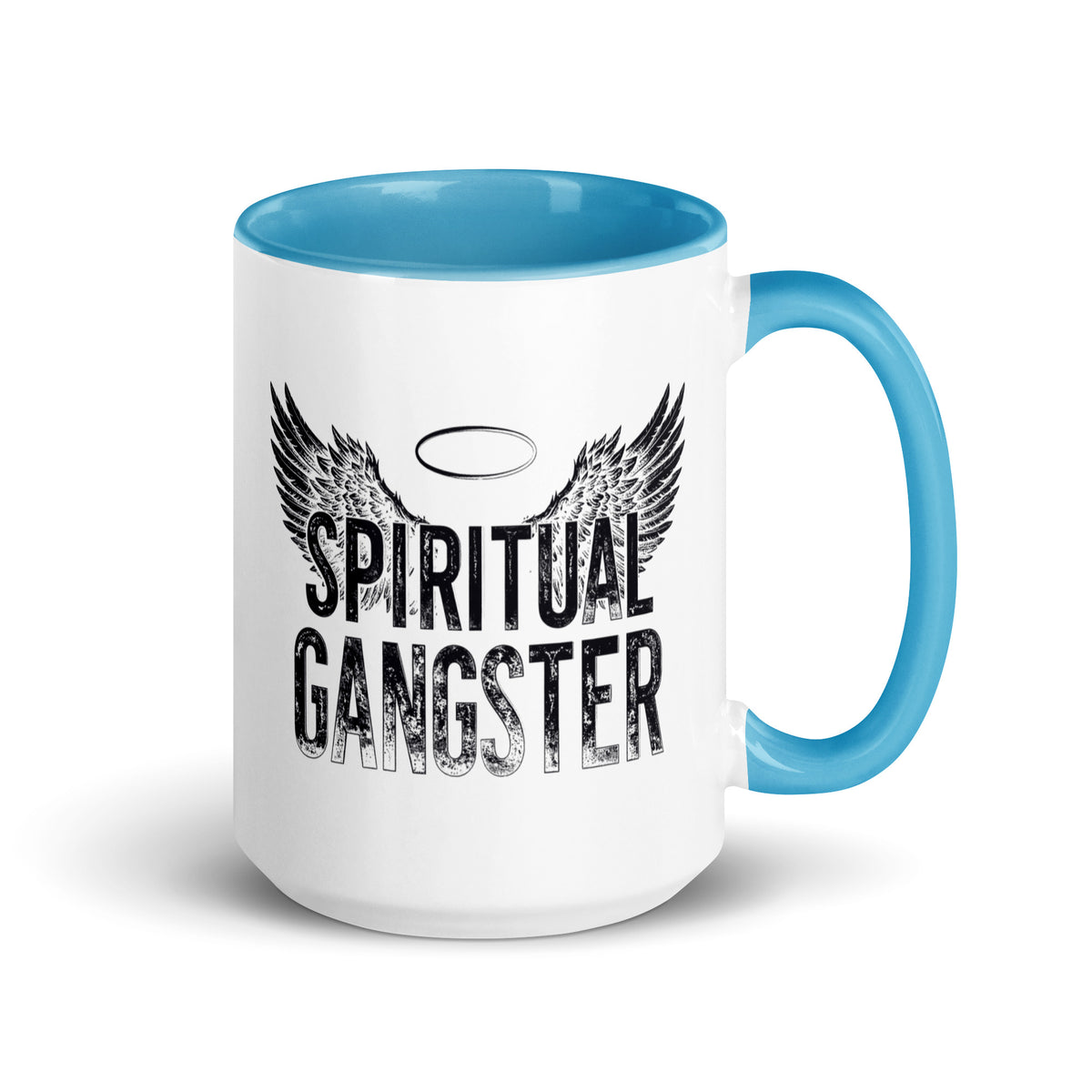 Spiritual Gangster design with angel wings and a halo, on a white ceramic mug with a blue interior, 15 oz, right side view