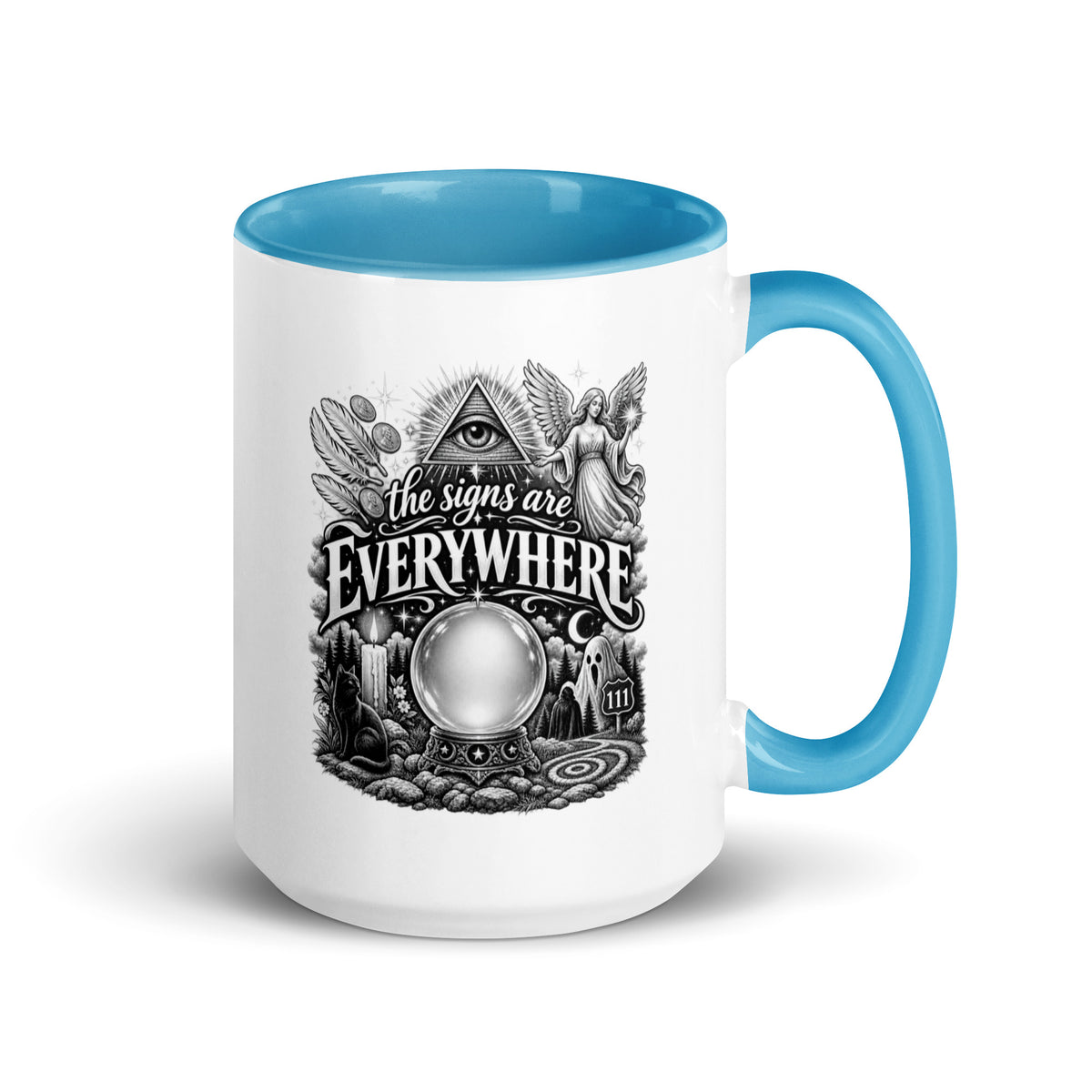 The Signs Are Everywhere design, an all-seeing eye, an angel, a crystal ball, a black cat and a 111 road sign, in black and white line art, on a blue ceramic mug with color inside, 15 oz, right side view