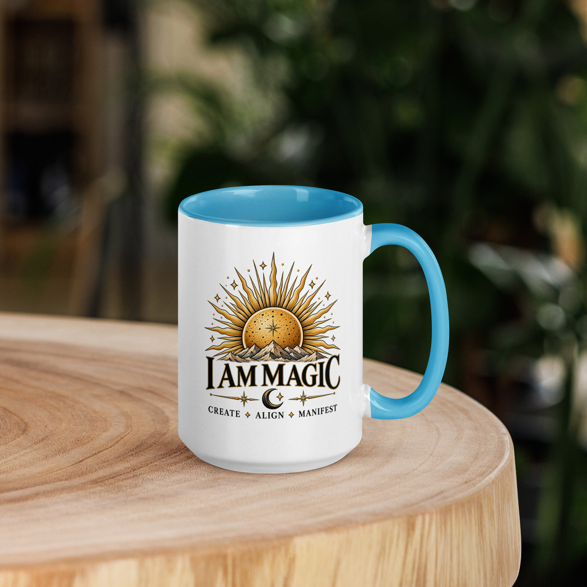 I Am Magic design with a gold sun face, Be Magical collection, on a white ceramic mug with a blue interior, 15 oz, right side view